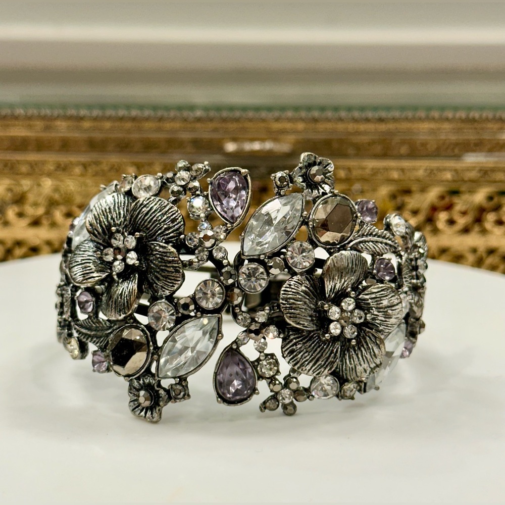 Sparkling Flowers - Crystal/Silver-Tone Hinged Cuff Statement Bracelet, EUC
